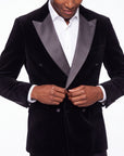 Double Breasted Velvet Blazer - Black