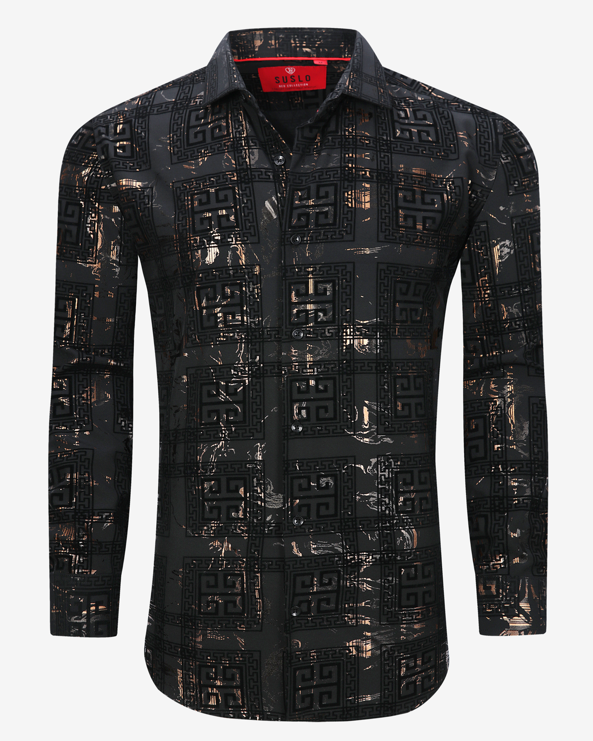 Metallic Greek Key Print Dress Shirt