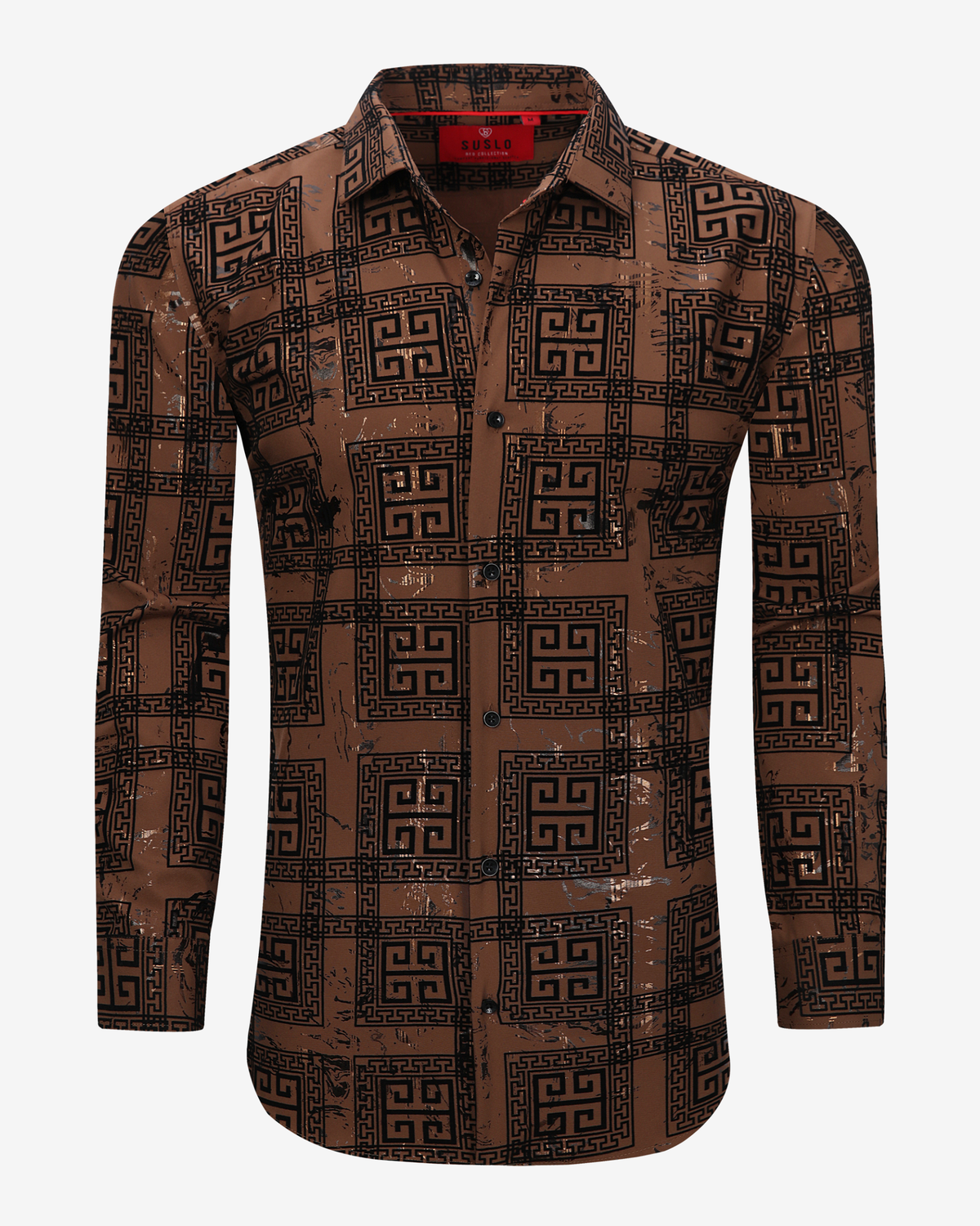 Greek Key Geometric Print Dress Shirt - Tan &amp; Black