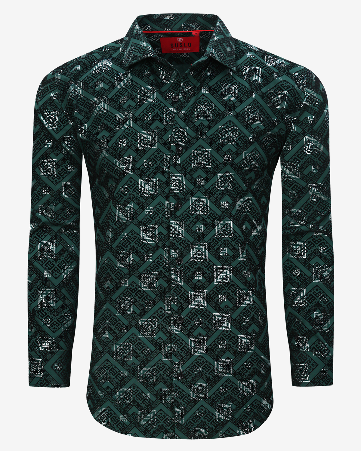 Greek Key Geometric Print Dress Shirt - Emerald Green &amp; Black