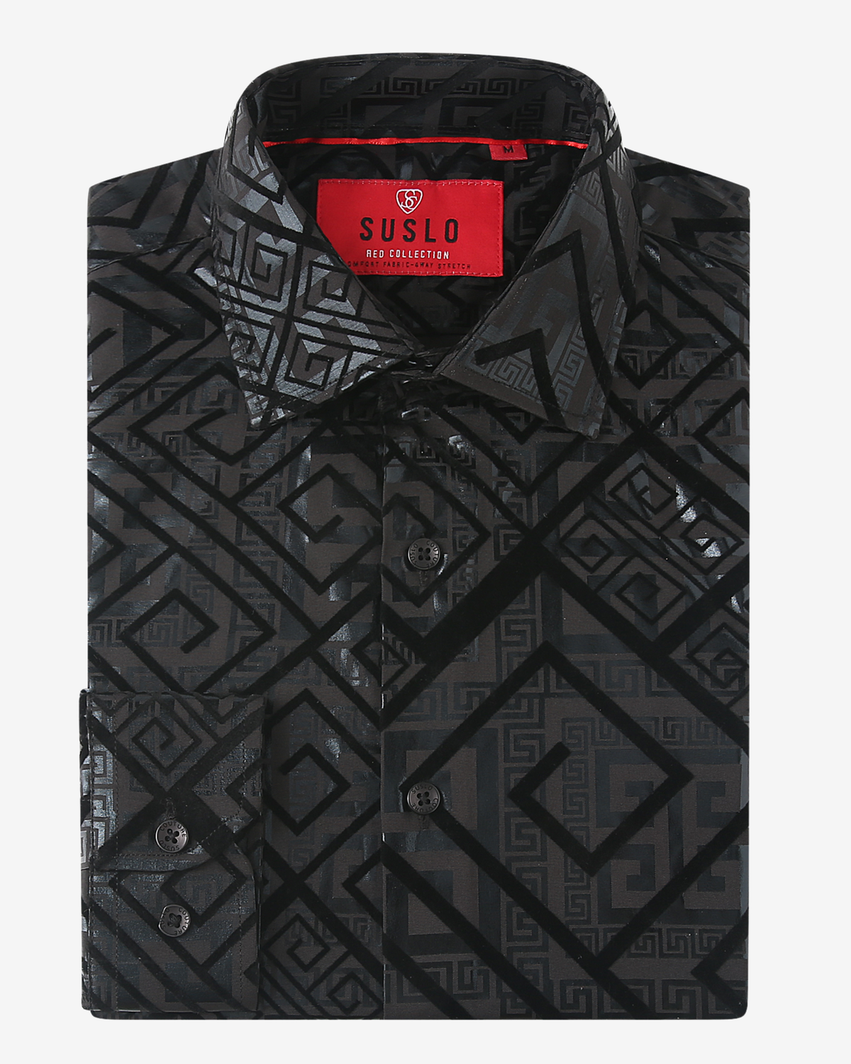 Tonal Geometric Greek Key Dress Shirt - Black