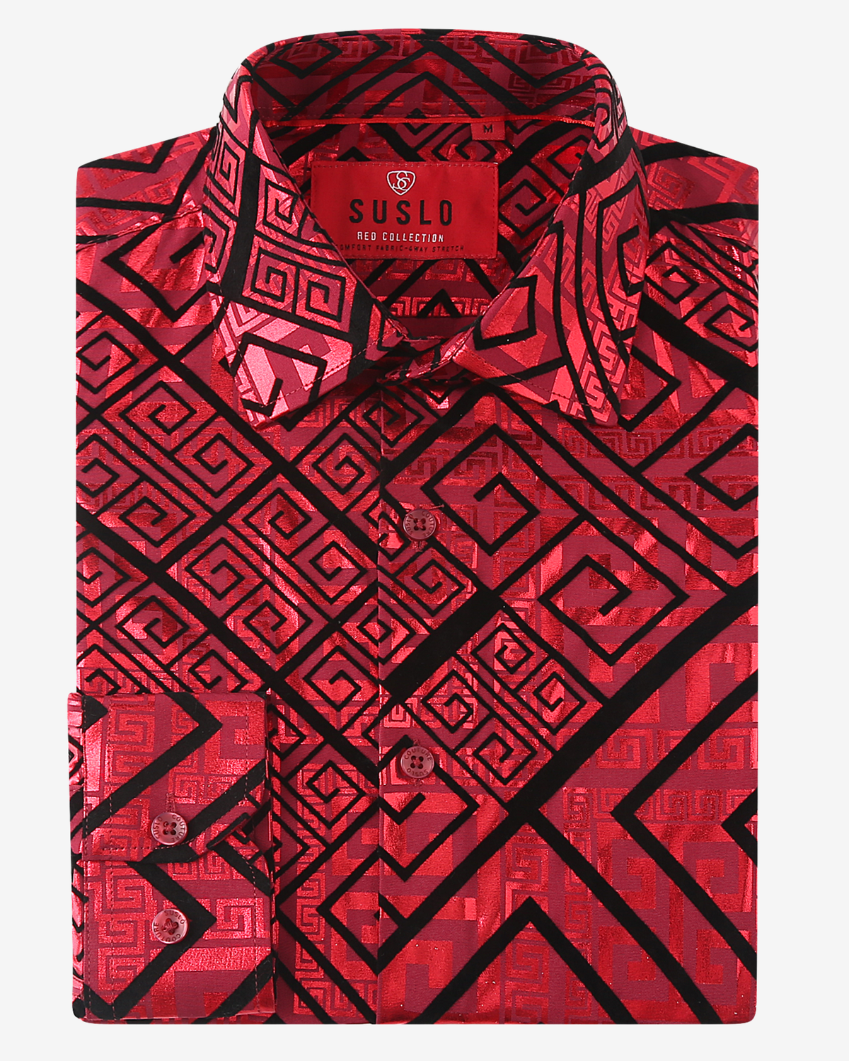 Tonal Geometric Greek Key Dress Shirt - Red