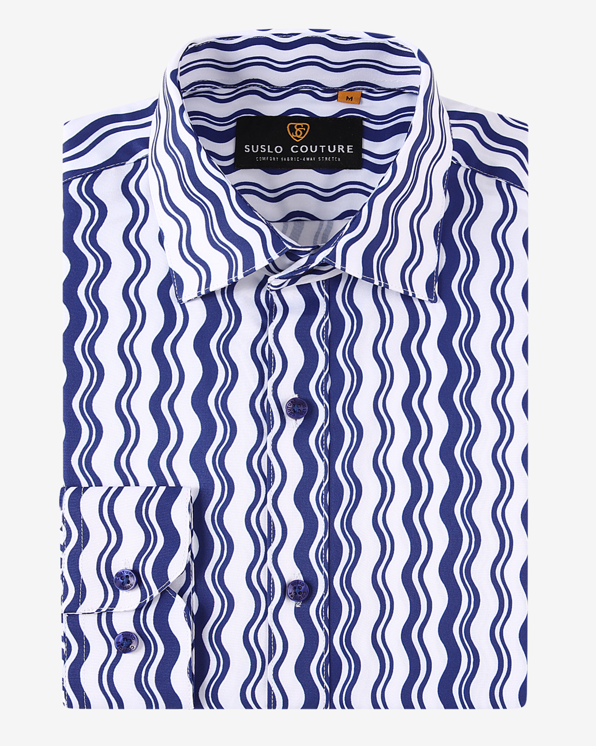 White &amp; Navy Abstract Wave 4-Way Stretch Dress Shirt