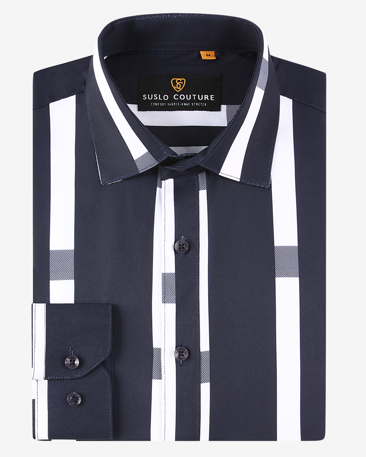 Navy Blue &amp; White Bold Stripe 4-Way Stretch Dress Shirt