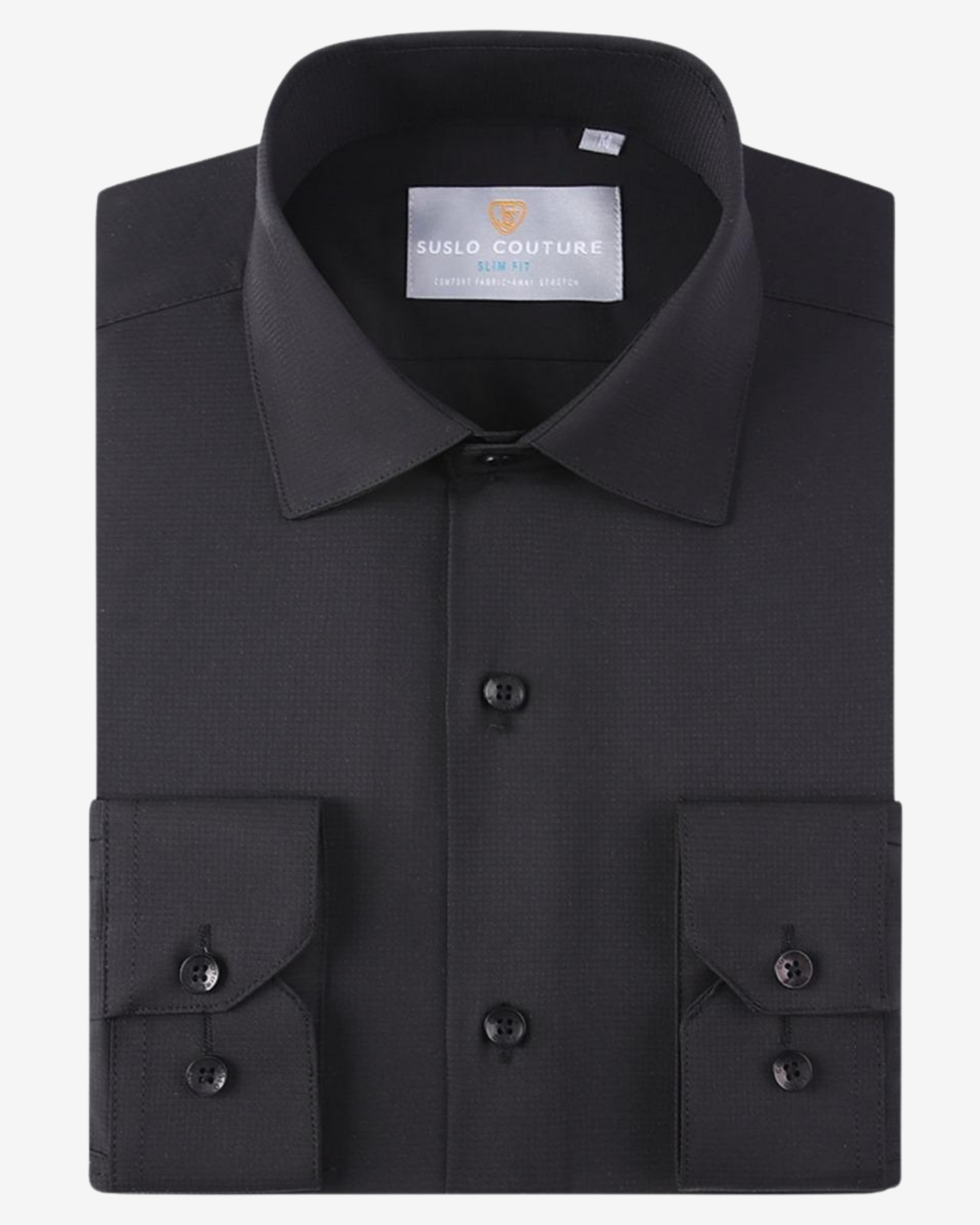 Solid Black Slim Fit Stretch Dress Shirt
