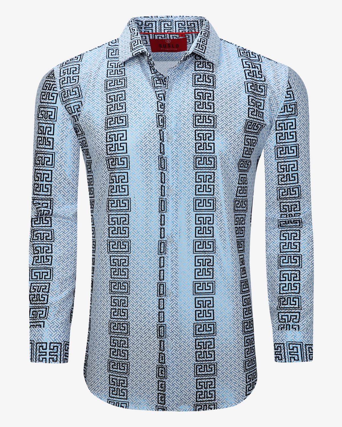Light Blue &amp; Black Greek Key Geometric Print Dress Shirt