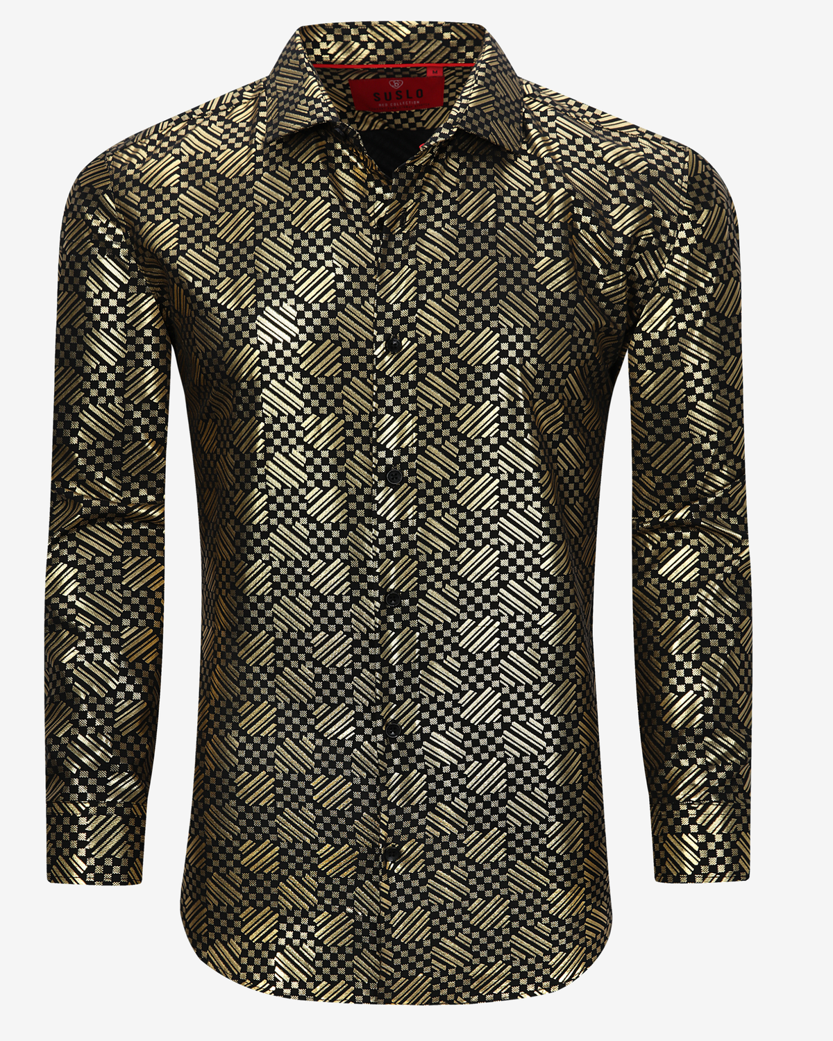 Gold Metallic Abstract Geometric Print Dress Shirt