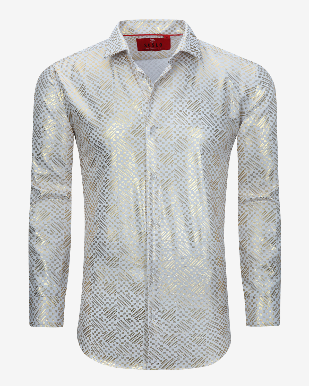 White &amp; Gold Metallic Geometric Print Dress Shirt