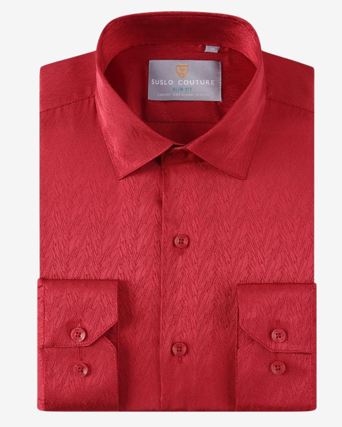 Red Textured Herringbone Slim Fit Dress Shirt