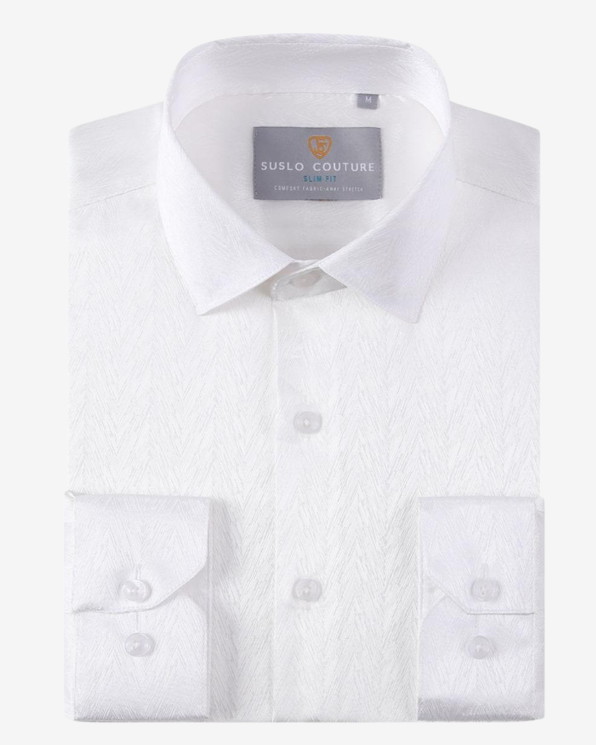 White Textured Herringbone Slim Fit Dress Shirt