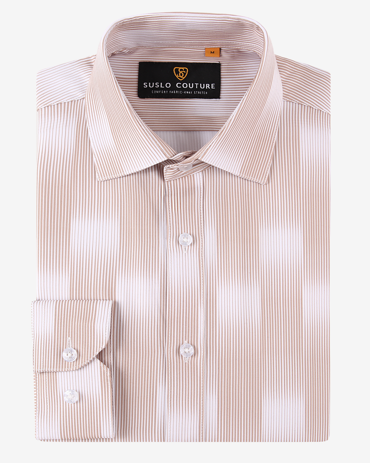 Tan &amp; White Fine Pinstripe 4-Way Stretch Dress Shirt