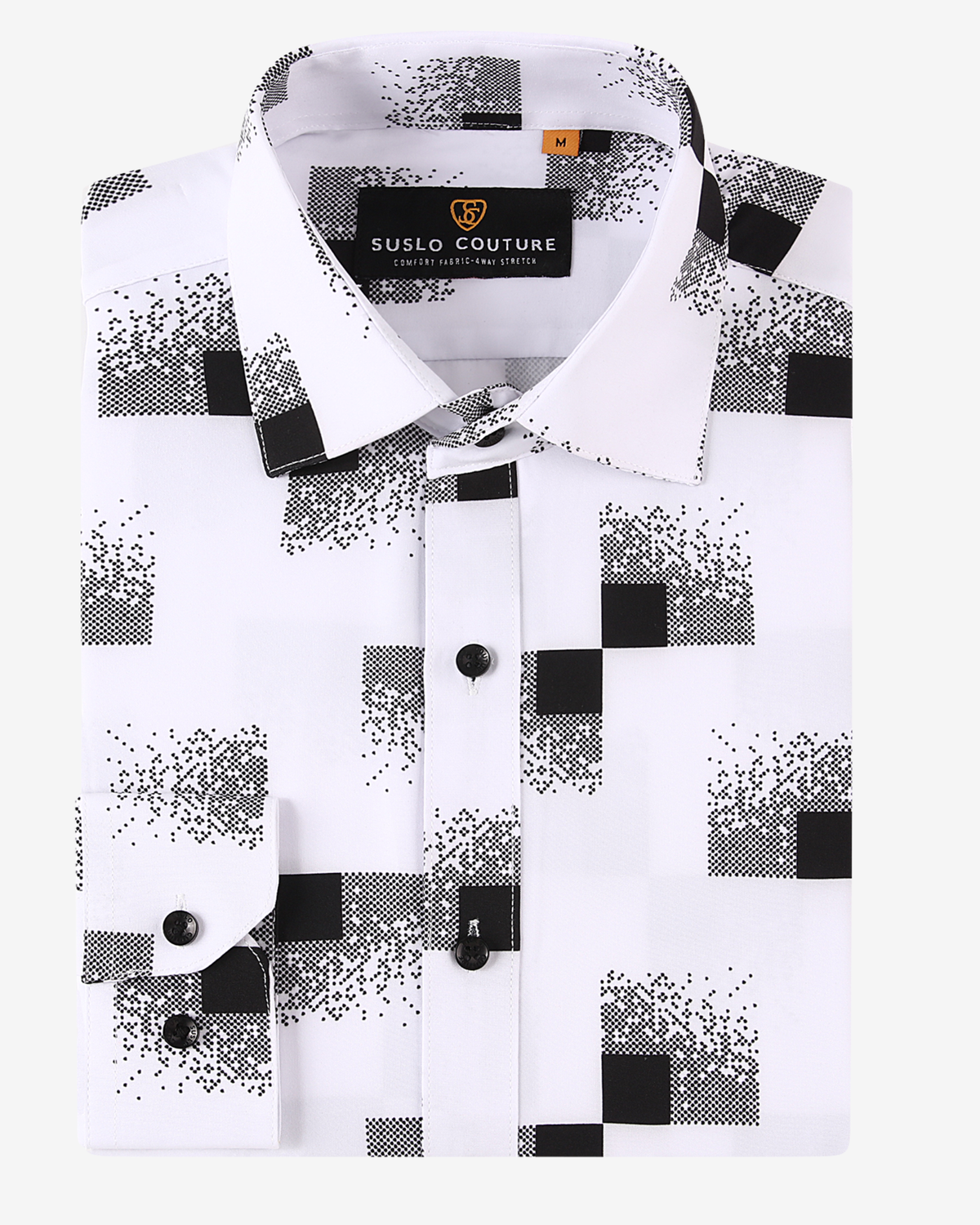White &amp; Black Abstract Geometric 4-Way Stretch Dress Shirt